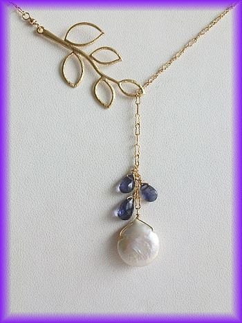 Coin Pearl, Iollite, Gold Filled Lariat Necklace with Delicate Leaf branch, Birthday, Mothers Day gift