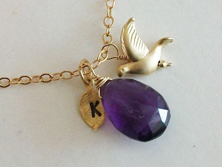 Large Amethyst briolette, 1 Custom Initial leaf, 3d Bird (dove), Birthday gift, Wedding, Bridesmaids