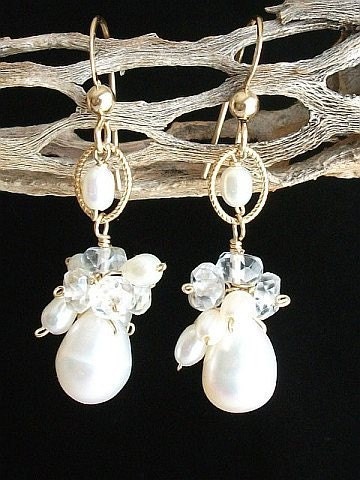 White Angel Bridal Earrings, Pearl, Topaz Drop Earrings 14k Gold GF