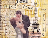 Original collaged / mixed media 4 x 4 inch - Kiss and love from Paris