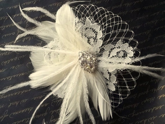Ivory Bridal Fascinator, Vintage Lace, Feathers, French Netting, Rhinestone Jewel