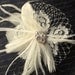Ivory Bridal Fascinator, Vintage Lace, Feathers, French Netting, Rhinestone Jewel