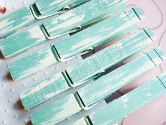 Sage & Cream (Rustic Green/Ivory) Distressed Clothes Pins - Set of 6 - Beach Cottage Farm House French Market Rustic Shabby Chic