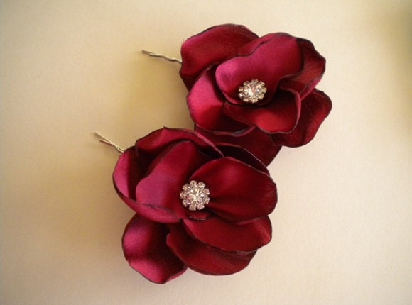 Elegant Cranberry Satin Flowers Hair pins with Rhinestones- Handmade