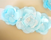 Maternity Sash and Clip Set Aqua Blue Lace Handmade Satin Flowers  -photo prop  Ready to ship