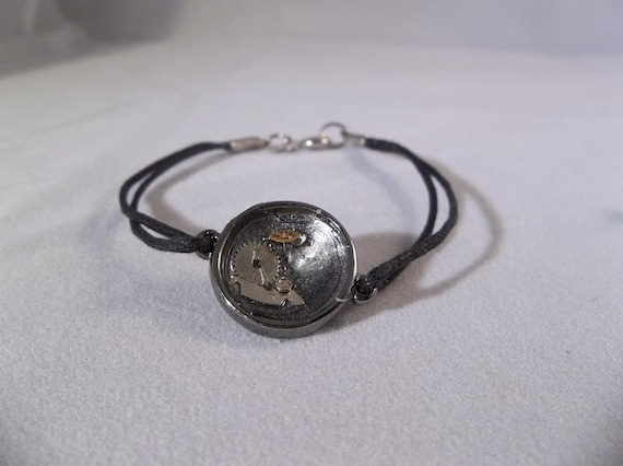 Simple round gunmetal watch part bracelet with cotton cord