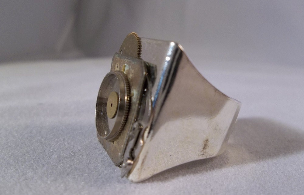 Ring Silver watch face and gears Chunky Metal