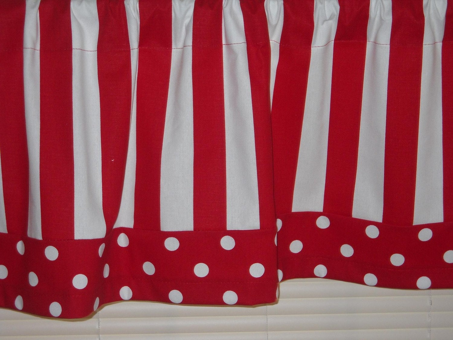 Red and White Stripe and Polka Dot Valance Curtains One Set: Two Valances