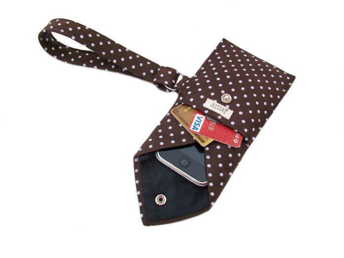Recycled Necktie Wristlet Chocolate Brown Cell Phone Pouch (iPhone Blackberry Droid HTC Samsung Smartphone iTouch iPod MP3 or Camera Case)