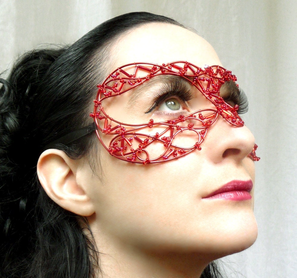 Red Venetian style masquerade mask, handmade