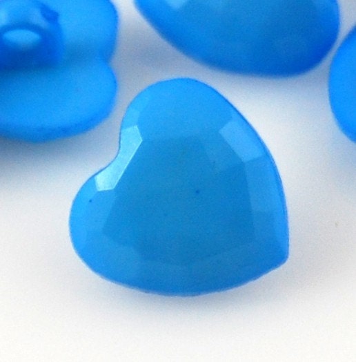 Blue Heart Shaped Buttons - plastic sewing button w/ shank - 8pcs