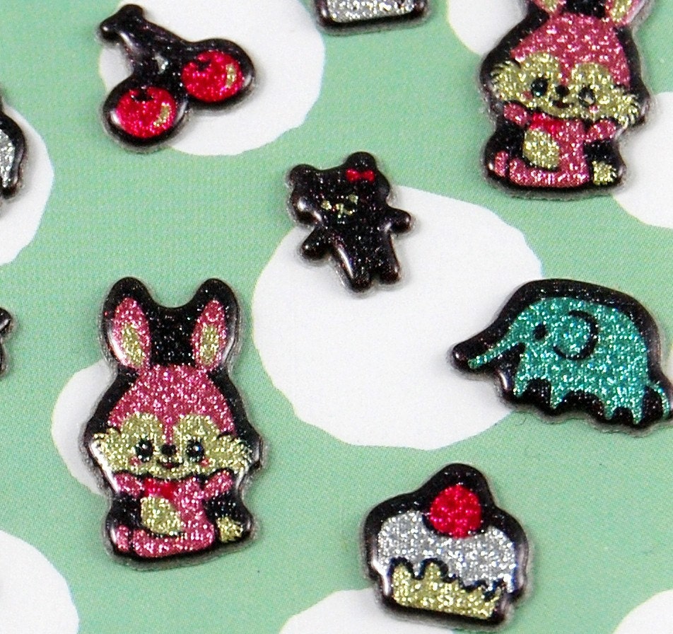Kawaii Puffy Glittery Bunny Stickers - Bunnies, Strawberries, Cakes, Cherries, and mor
