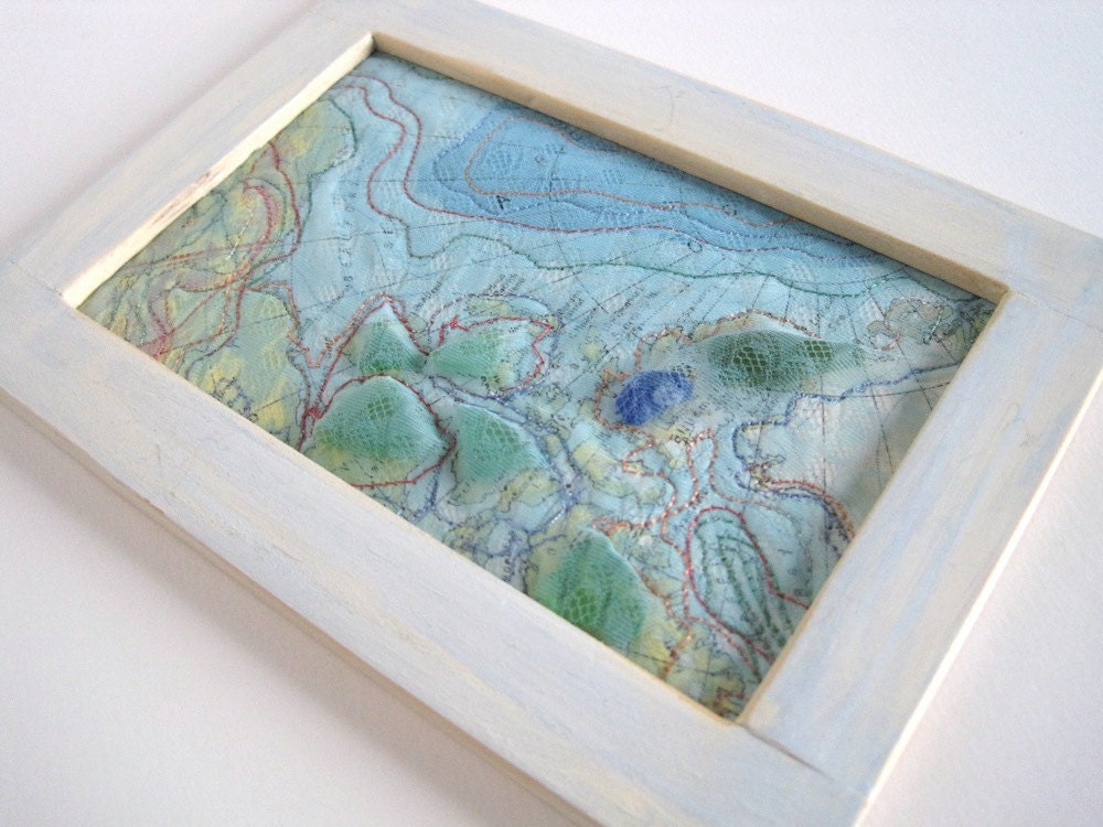 Mixed Media Art  - Altered Map Art with Beach Glass - 5 x 7 inches - Sea Glass Art