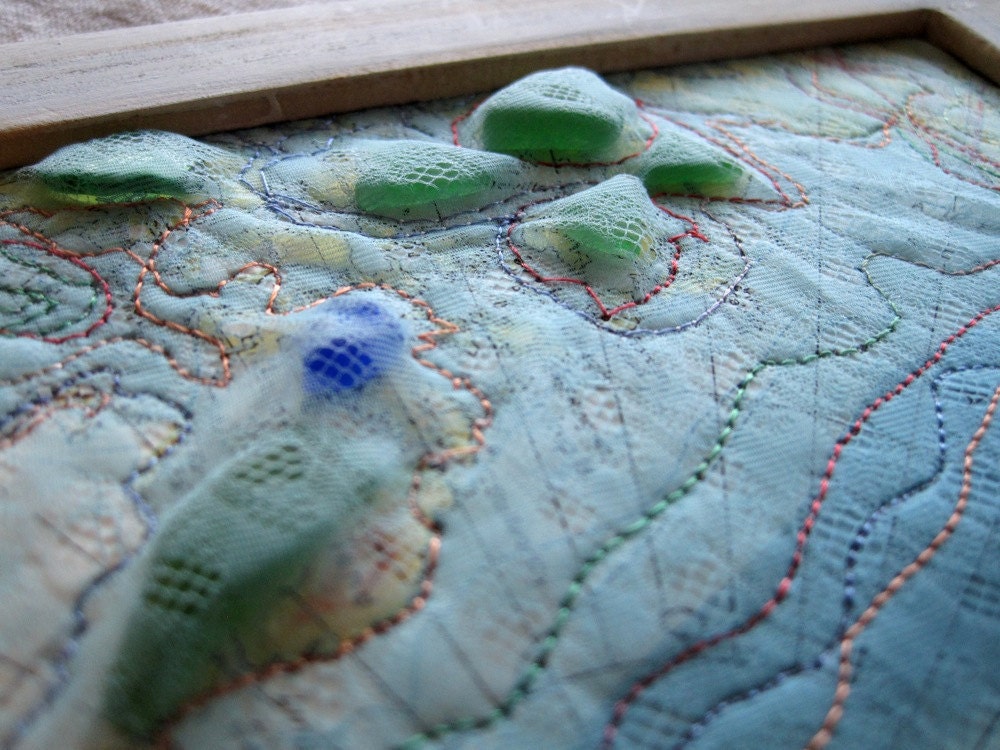 Mixed Media Art  - Altered Map Art with Beach Glass - 5 x 7 inches - Sea Glass Art
