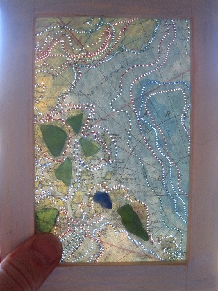 Mixed Media Art  - Altered Map Art with Beach Glass - 5 x 7 inches - Sea Glass Art