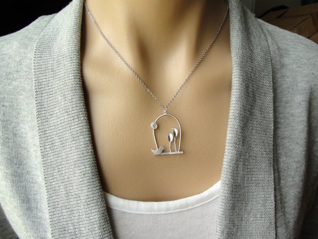 Sale - Silver Birdy on a Swing Necklace -  gift, birthday, mother, sister, friend, wife, romantic, daughter, friend
