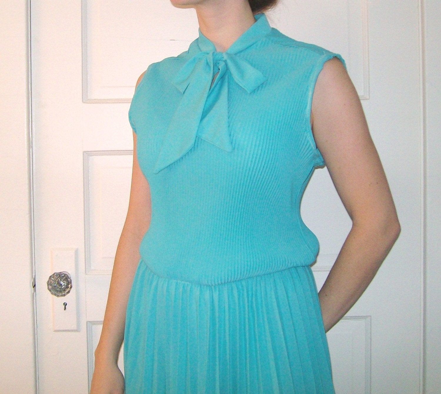 Vintage Aqua Teal Day Secretary Dress 70s Fashion (S-L)