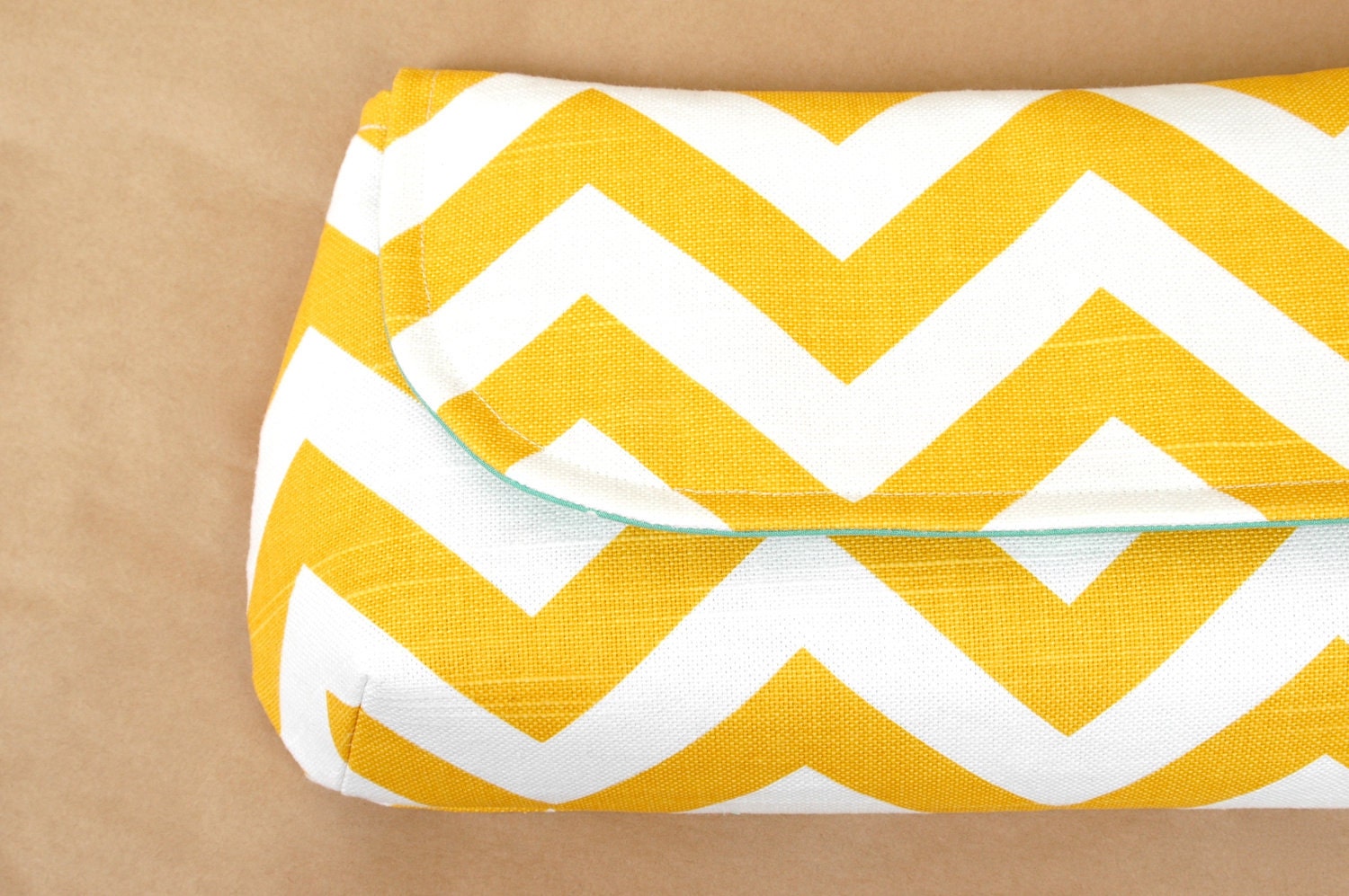 XL Classic Clutch- Sweet Mustard Yellow with Teal Polka- Made to Order (last one)