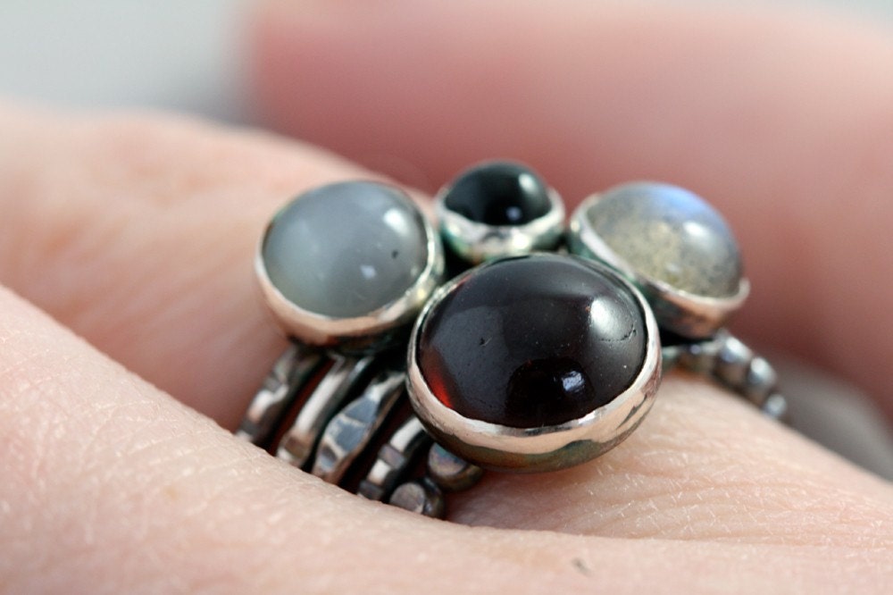 Sterling Silver Ring Stack of 5 with Garnet, Gray Moon Stone, Labradorite, Black Star Diopside - Fire on a Cold Night