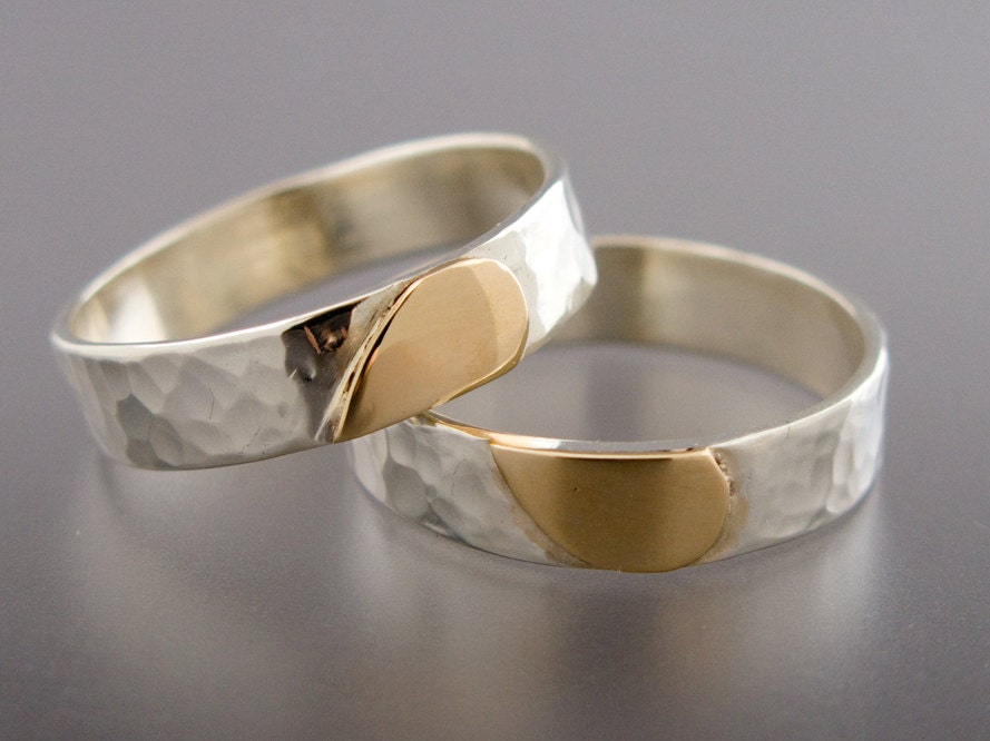 Heart Wedding Band Set in 14k Gold and Sterling Silver - We Hold One Heart
