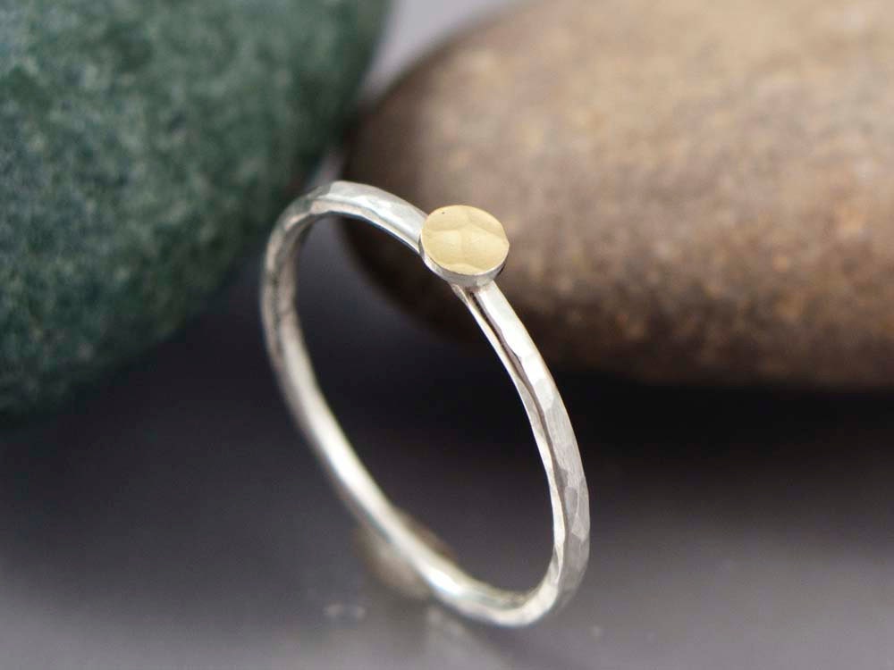 Tiny Hammered Gold Dot Ring - 18k Gold Circle and Sterling Silver Skinny Stacking Ring