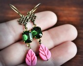 Vintage Emerald Rhinestone Earrings with Pink Dyed Turquoise Leaf Shaped Stone Beads Art Deco Filigree - Long Dangles