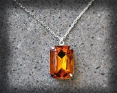 Honey Topaz Necklace Vintage Glass Rhinestone Necklace Jewel Silver Octagon Wedding Jewelry Orange Bridesmaid Gift