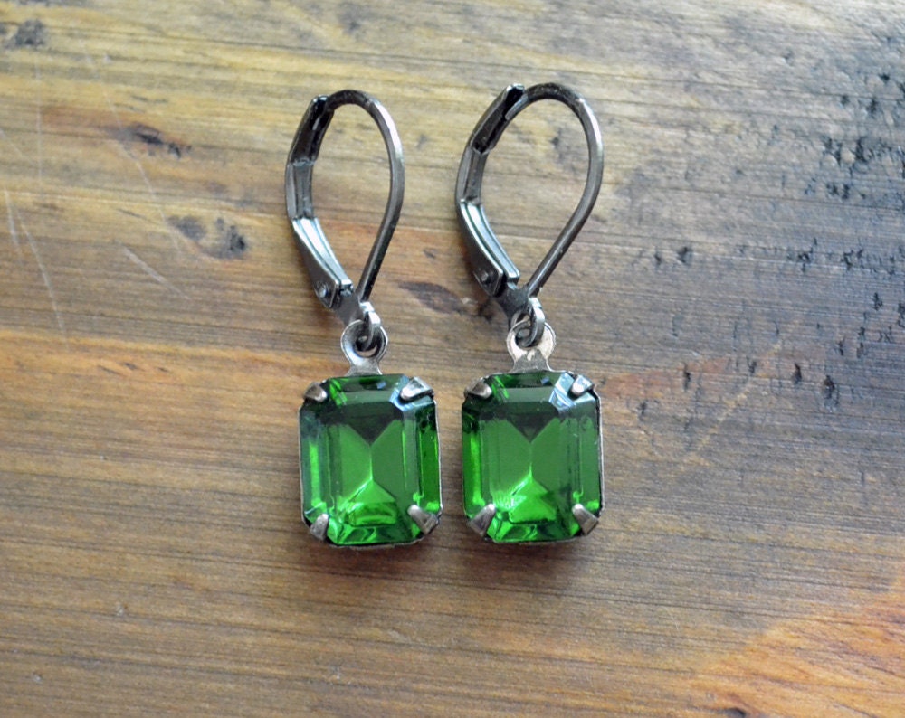 Tourmaline Green Cushion Cut Earrings in Gunmetal
