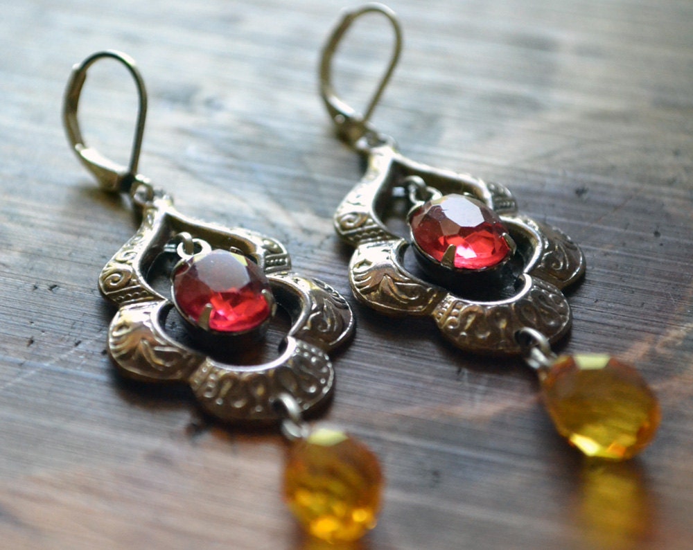 Chandelier Earrings Vintage Glass Rhinestone Rosy Pink Mustard Yellow Gunmetal Black Long Dangle Statement Elaborate