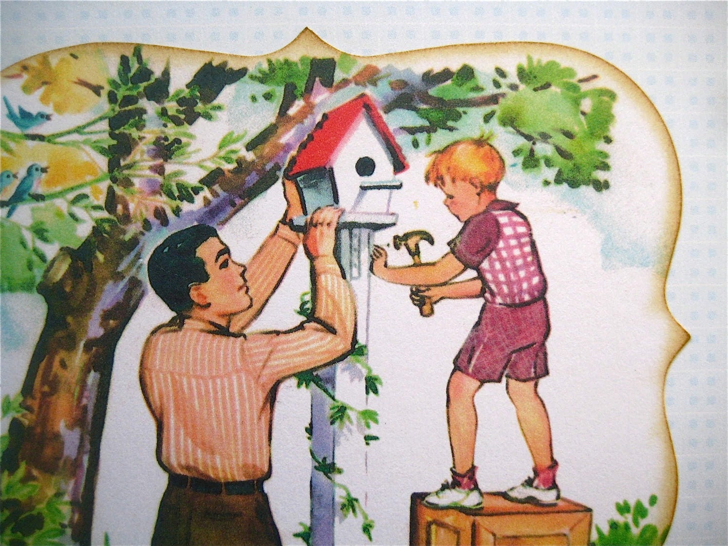 Fathers Day Greeting Card Vintage-Inspired Father and Son with Birdhouse