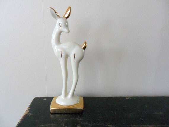 vintage midcentury large cream and gold ceramic deer figurine - reindeer - woodland - white