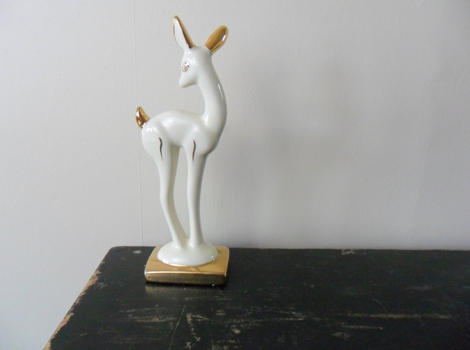 vintage midcentury large cream and gold ceramic deer figurine - reindeer - woodland - white