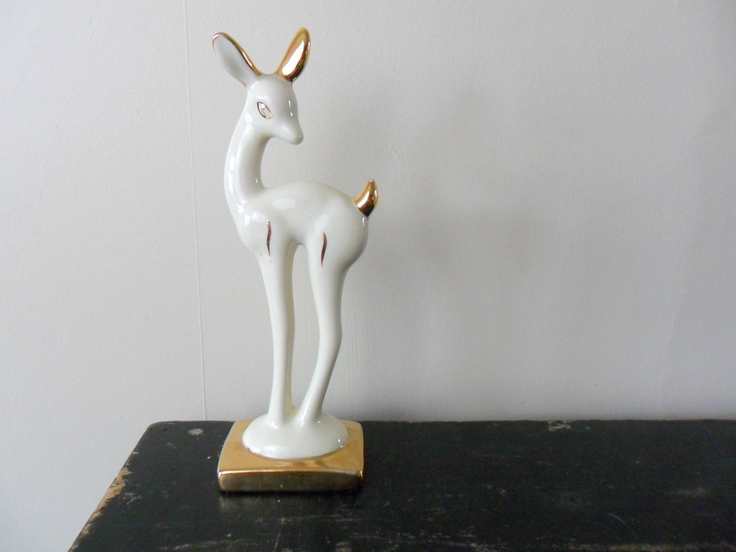 vintage midcentury large cream and gold ceramic deer figurine - reindeer - woodland - white