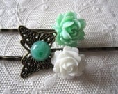 Mint Green Pastel Butterfly Bobby Pins Antique Brass Flower Bobby Pins Shabby Chic Hair Accessories Modern Vintage Style Jewelry