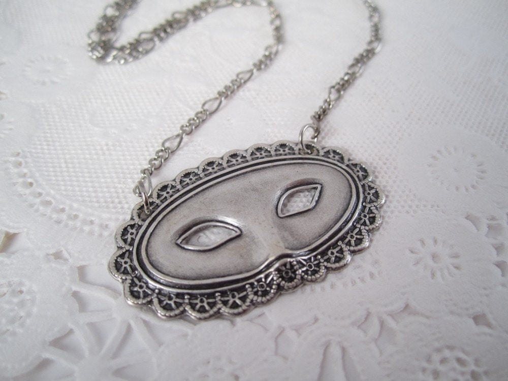 Masquerade Mask Necklace in Antique Silver Costume Jewelry Shabby Chic Modern Vintage Style Jewelry