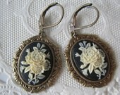 Floral Cameo Earrings Antique Brass Black and Cream Rose Cameo Earrings Victorian Style Earrings Vintage Style Jewelry