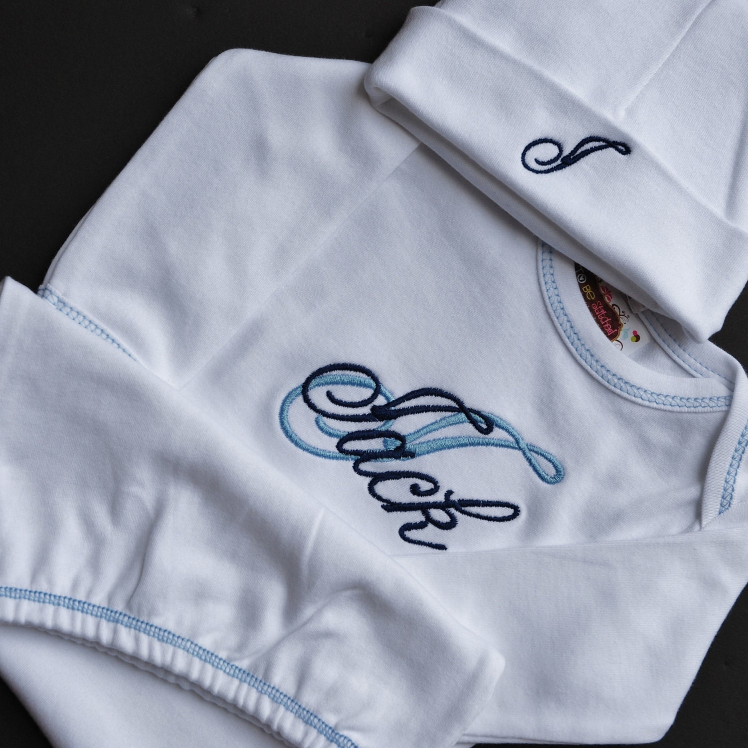 Layette Gown Monogrammed w/Name in Baby Blue & Navy