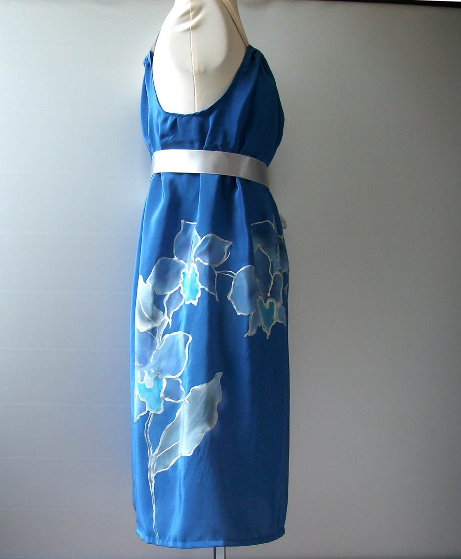 Sundress Royal Blue Floral Orchid Hand Painted Silk Draped Spring Summer Formal Prom Bridsmaid - CUSTOM MADE