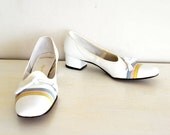 vintage 1960s shoes : white tassel 60s striped toe leather heels