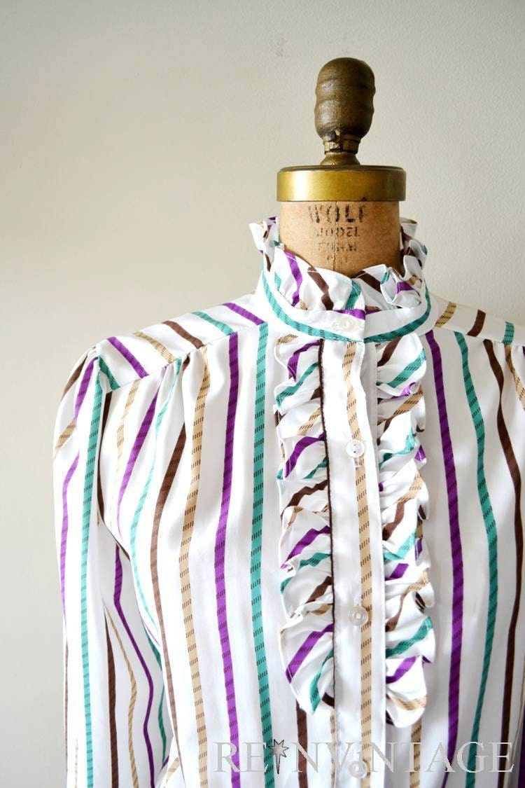 vintage secretary blouse - 1960s shirt / white striped jabot ruffle