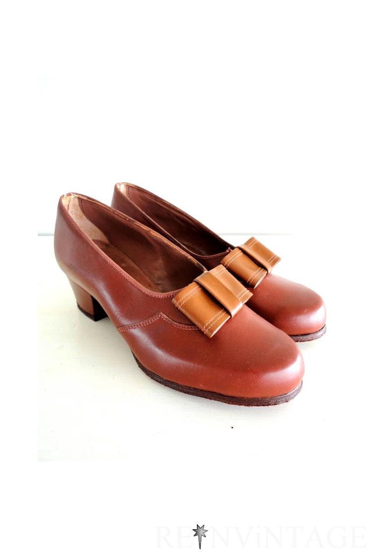 vintage 1940s shoes - 40s high heels / amber brown bow deadstock