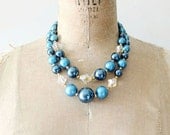 vintage beaded necklace - 1960s slate blue beads / metallic 2 strand necklace