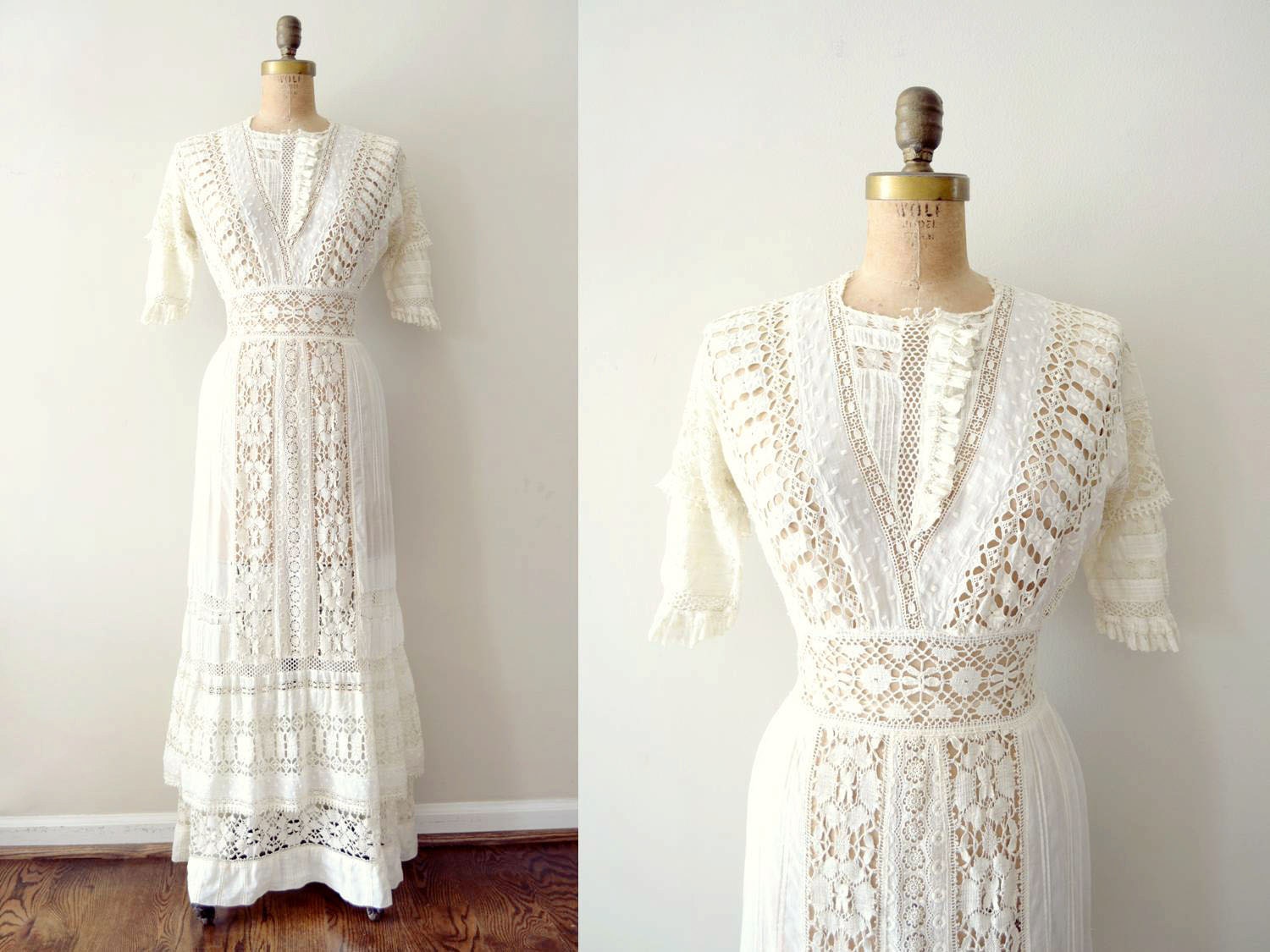 vintage 1900s dress - edwardian wedding dress / ivory lace tea dress