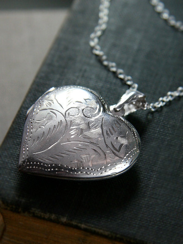 Large Heart Sterling Silver Locket Necklace, Scroll Engraved Design - Vintage Love Pendant