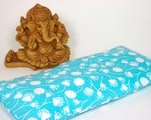Eye Pillow, bright turquoise blue with white spring flowers - Organic Lavender - summer - Yoga, sleep, travel, spa, gift