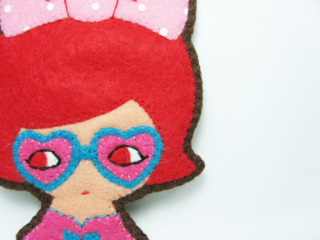 Sneak Peek Girl - Whimsical hair and glasses - felt pin