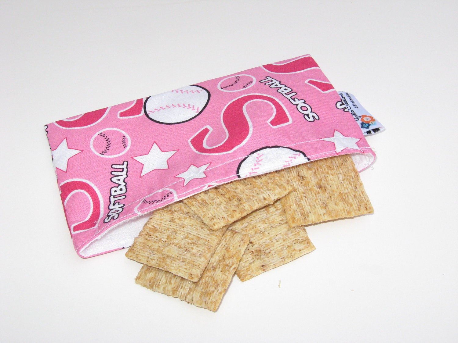 Reusable Snack Bag - Pink Softball- White Lining