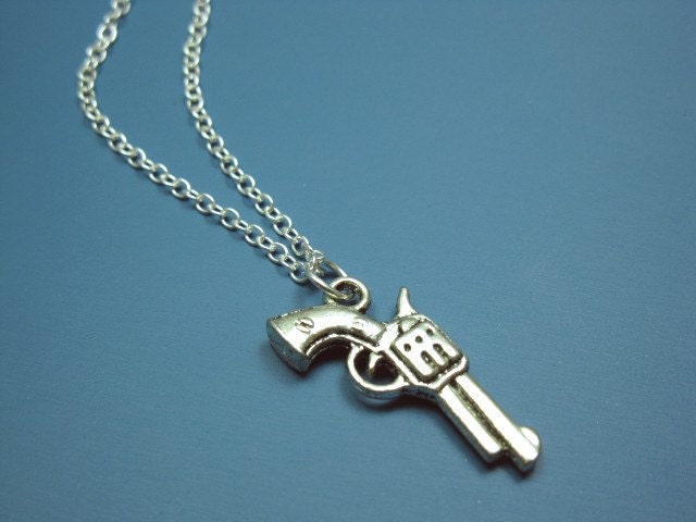 Pistol Gun Necklace - quirky jewelry geeky chic rockabilly kinky gothic emo punk rock zombie vampire hunter weapon fun silver plated szeya