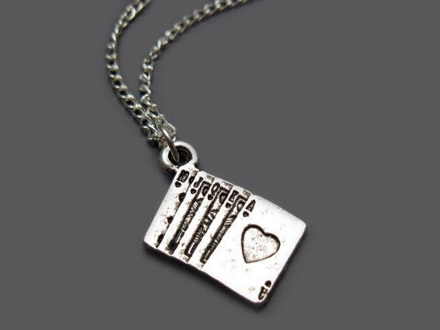 Poker Necklace - quirky jewellery punk rock badass jewelry rockabilly playing card game royal flush of heart silver plated szeya designs