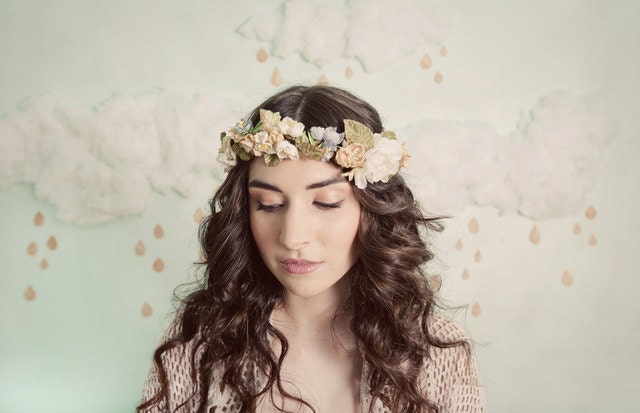 Romantic flower crown in ivory, yellow, blue and beige, style 306